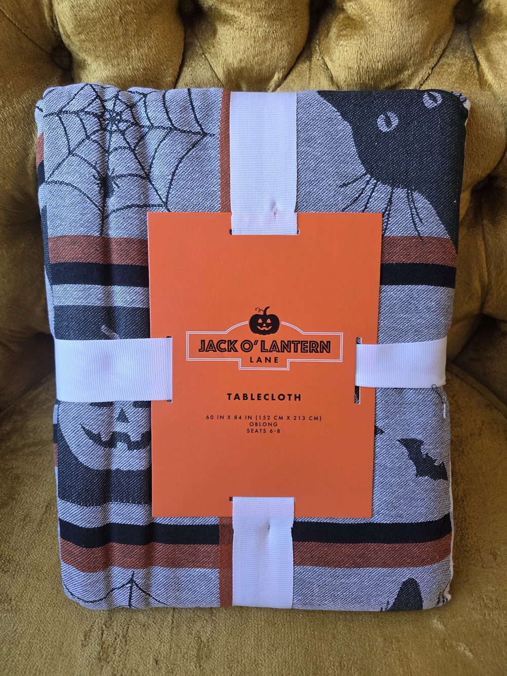 Jack O'Lantern Cotton Tablecloth Black Orange Halloween Plaid Cat Bat Spider Web